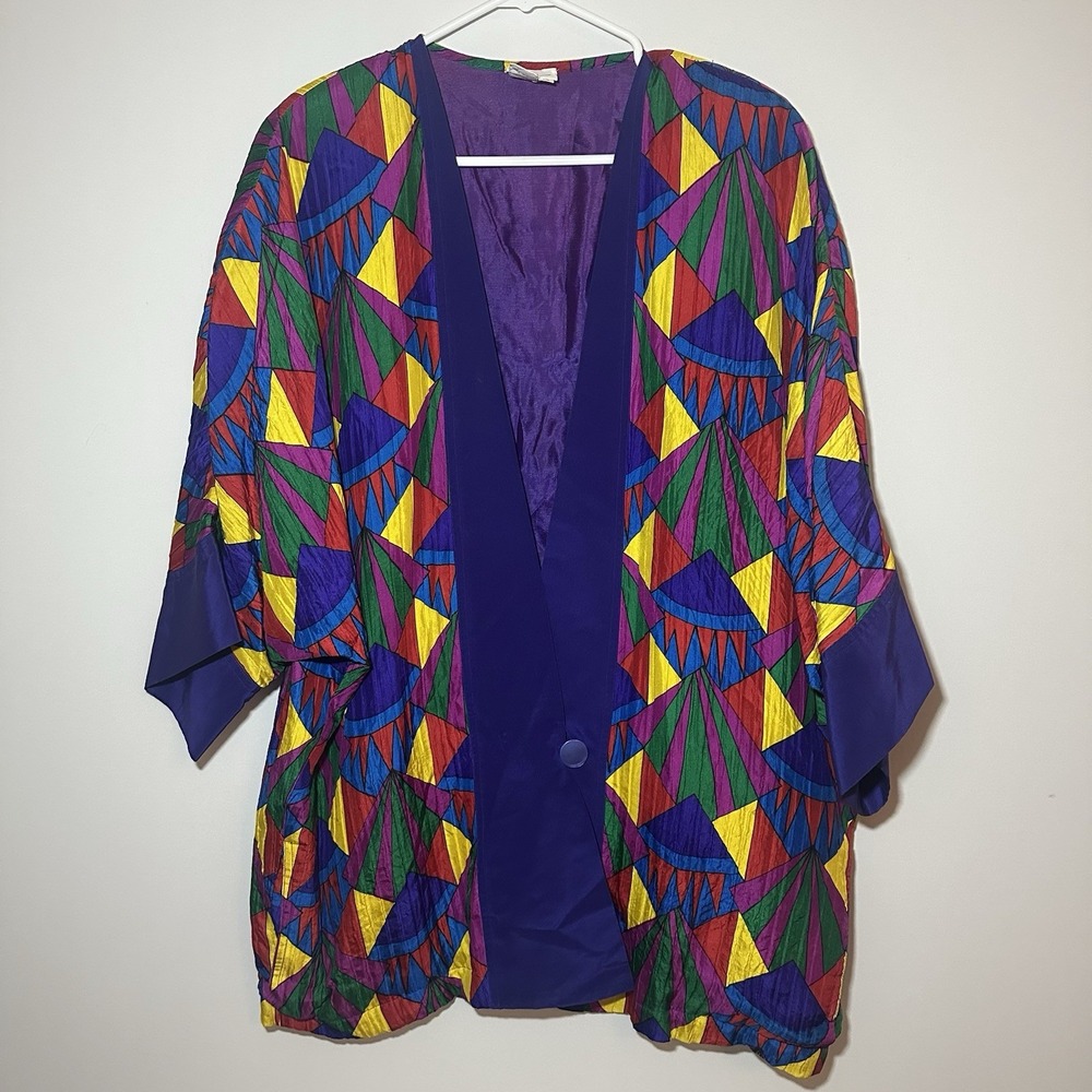 Neiman Marcus 100% Silk Multi-Color Vintage One Button Jacket Size 14 Cardigan